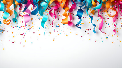 Colorful falling confetti on white background.