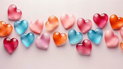 Valentine's day background with colorful hearts on white background. Top view. Generative AI technology.