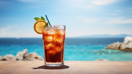 Wall Mural - Glass with tropical cocktail and beautiful view of ocean as a background