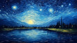Hand-drawn beautiful illustration of Van Gogh's Impressionist night starry sky outdoor scenery
