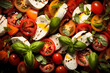Caprese salad with tomatoes, mozzarella, basil, and balsamic vinegar, close-up.