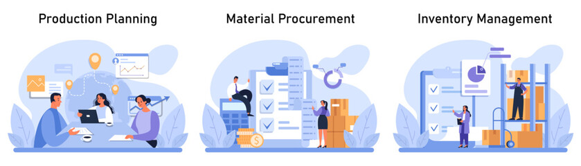 Poster - Supply Chain Management set. Illustrating the seamless flow of production planning, material procurement, and inventory management. Strategic business operations in modern design. vector illustration