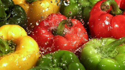 Poster - Raindrops fall on multi-colored sweet peppers. Filmed on a high-speed camera at 1000 fps. High quality FullHD footage