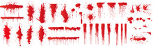 Diverse Set Of Grunge Red Blood Splatters And Drips For Horror And Thriller Designs. Realistic Views Of Red Paint Texture With Great Detail. Vector Illustration