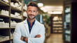 © petrrgoskov - Portrait of a handsome pharmacist standing in front of stock in the shop smiling at the camera, close up head and shoulders