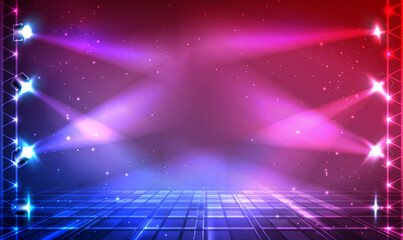 Stage in pink and blue fog spotlight. Empty scene with spots of light on floor. Light from projectors lighting scene.Realistic illustration of studio, theater or club interior with beams. Vector EPS10