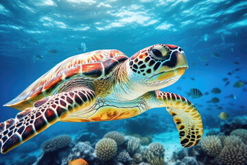 Sticker - Turtle life Underwater with colorful coral reef, sea life fishes and plant at seabed background, Colorful Coral reef landscape in the deep of ocean, Marine life concept.