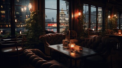 Canvas Print - A dimly lit restaurant with a view of the city