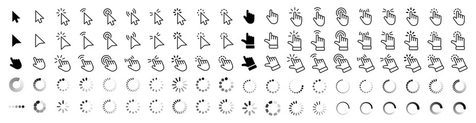 Computer mouse click cursor gray arrow icons set and loading icons. Cursor icon. Vector illustration. Mouse click cursor collection.