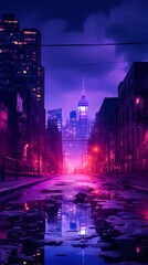 Wall Mural - Night city, empty city streets after sunset in neon purple color