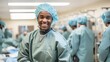 Smiling black surgeon in uniform and cap in hospital ward after successful operation