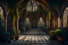 Oil Painting Lovely Fantasy Courtyard Of A Tudor Castle, Cinematic Lighting, Trees, Intricate Details, Bizarre Scenery, And Architecture Flower Pots