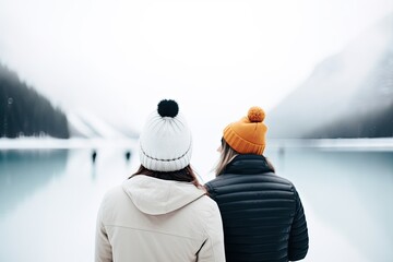 Wall Mural - A couple of woman in winter, walking in a snowy landscape, enjoying love and nature.