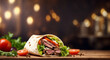 A Realistic Steak and Cheese Wrap Elegance advertisement background with space for text with bokeh - AI Generative