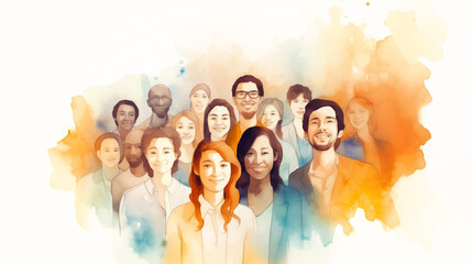 group of diverse young people smiling together, positive and united, watercolor illustration on whit