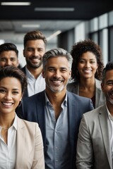 Poster - A group of successful smiling businessmen, men and a woman, professionals in their field, a friendly team in a spacious bright office looking at the camera.