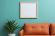 © Elena - Mock up of minimalist living room interior in retro style. Empty square frame on wall and cozy soft sofa, turquoise and terracotta-red color, copy space for text. 3D render. Generative AI