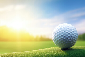  Golf ball on green grass with blue sky and sunlight. Generative AI