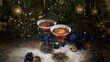 Weihnachtliche Getränke unter dem Tannenbaum mit Schnee