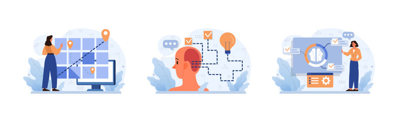 Divergent Thinking set. Digital world exploration. Woman navigates virtual space. Mind pathways, idea generation. Creativity meets technology. Cognitive process enhancement. Flat vector illustration