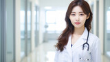Fototapeta  - Lekarz, kobiet azjatka w białym fartuchu na tle białego sterylnego medycznego korytarza
