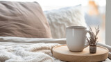 Fototapeta  - Kubek kawy na podstawce w łóżku pastelowe poduszki, naturalność o poranku