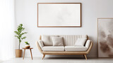 Fototapeta  - Prosty design szarej kanapy z trzema poduszkami i ramką na obraz wiszącą na ścianie
