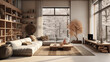 Przytulny pokój gościnny w minimalistycznym stylu zima za oknem