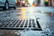 Close-up of a storm drain on a city street during the rain. Storm sewer during a downpour