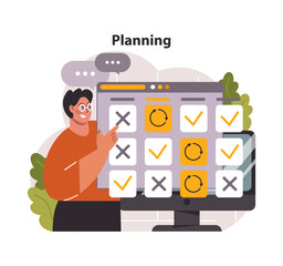 Poster - Planning concept. Man interacting with a digital calendar, scheduling tasks, marking deadlines and setting reminders. Time management and organization. Flat vector illustration