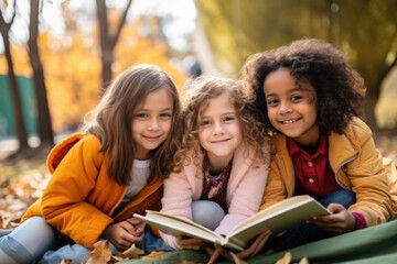 Children read books outdoors. Diversity friends study together in park. Concept of education and knowledge acquisition. Conducting lesson in open air