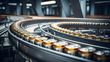 Moving Yellow Aluminium Beer Cans On Conveyor Belt