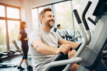 Wall Mural - smiling middle age muscular man in gym on simulator. Healthy lifestyle. sport concept