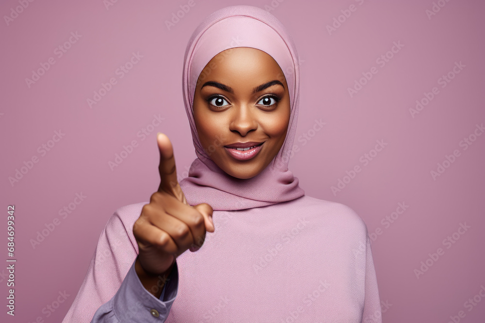 Confident Muslim woman in a pink hijab pointing finger, engaging smile ...