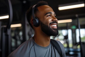 Wall Mural - Portrait of young smiling black muscular man in headphones in gym. Healthy lifestyle. sport concept