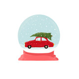 Piękna śnieżna kula, a w niej czerwony samochodzie wiozący choinkę na święta. Klimatyczna ilustracja świąteczna.