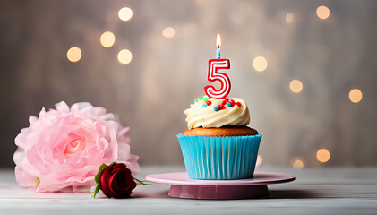 Wall Mural - Birthday cupcake with lit birthday candle Number five for five years or fifth anniversary