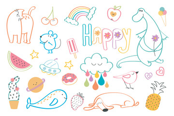 Poster - Cute doodle linear symbols and pets mega set in flat design. Bundle elements of cat, cherry, rainbow, apple, dragon, ice cream, watermelon, mouse, other. Vector illustration isolated graphic objects