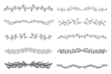 Leinwandbilder - Black flower borders mega set in flat design. Bundle elements of elegant line ink contour floral dividers and silhouette laurel branches with leaves. Vector illustration isolated graphic objects