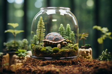 Poster - A serene image of a miniature turtle in a pastel-toned terrarium, radiating tranquility against the soft colors of the studio setting.