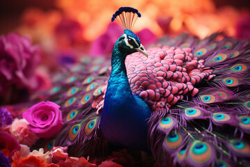 Aufkleber - A peacock captured in a majestic prance against a pastel paradise, its iridescent feathers creating a symphony of color in the studio.