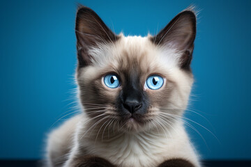 Poster - A sleek Siamese cat striking a pose on a baby blue setting, the blue almond-shaped eyes accentuating its elegance. 35