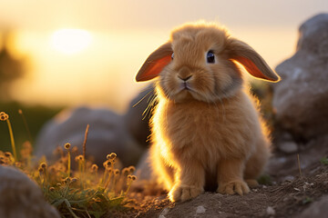 Poster - A captivating close-up of a Holland Lop rabbit against a pale yellow setting, showcasing its distinctive lop ears.