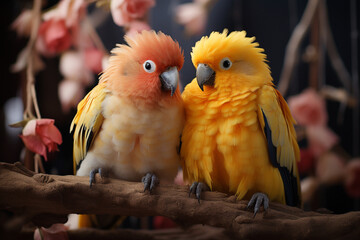 Poster - A pair of affectionate lovebirds perched on a pastel yellow swing, their colorful feathers and intertwined beaks creating a tender moment.