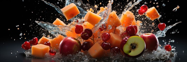 Aufkleber - Various types of fruit, such as apples, oranges, and grapes, falling into water, creating a dynamic splash.