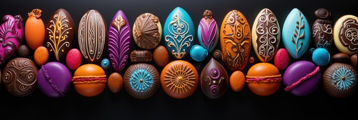 Sticker - A vibrant collection of painted chocolate eggs neatly piled on top of each other, showcasing various colors and patterns.