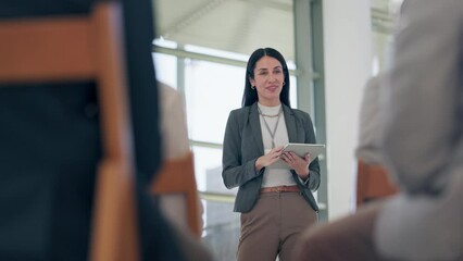 Wall Mural - Presentation, tradeshow and woman with tablet speaking to audience for conference, training and meeting. Corporate, office and female speaker with business people in workshop, convention and seminar