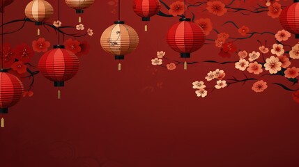 Wall Mural - Chinese lanterns hanging decorations and sakura blossoms on red background, Elegant design for Chinese New Year greeting card ,copy space for text.