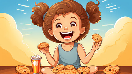 Wall Mural - Girl eats food, delicious meal and joy