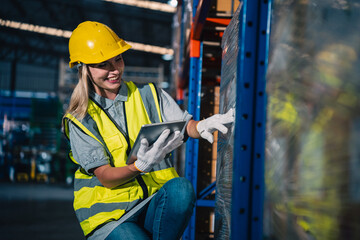 Wall Mural - Female engineer using laptop computer for safety control checks or manufacturing maintenance work in factory building or construction site. woman engineer inspector working in industry product line